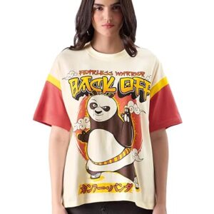 The Souled Store Kung Fu Panda: Back Off Womens Oversized Fit Graphic Printed Half Sleeve Cotton Multicolored Women Oversized T-Shirts