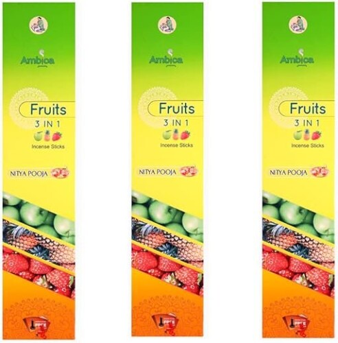 Ambica Fruits 3 in 1 Incense Sticks – 100g × Pack of 3
(Fragrances: Green Apple, Strawberry, Pineapple) – Perfect for pooja, home, and office use.