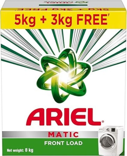 Ariel Matic Detergent Powder – Front Load 5kg + 3kg Free | 100 Tough Stains Removed in 1 Wash | Washing Machine Friendly