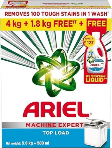 Ariel Matic Detergent Powder – Top Load 5.8kg + 500ml Liquid Free | Removes 100 Tough Stains in 1 Wash | Washing Machine Friendly | Fresh Fragrance