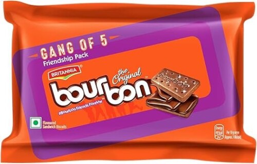 Britannia Bourbon Chocolate Cream Biscuits, 5 x 100g (Total 500g)