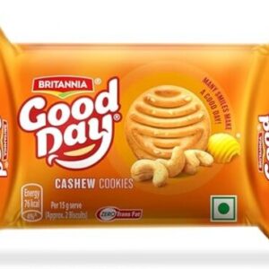 Britannia Good Day Cashew Cookies – 52.5g / 60g / 53g + 15g Extra = 68g (బరువు మారవచ్చు)
కాజూ ముక్కల రుచితో నిండిన, ప్రతి రోజు మజాగా అనిపించే టేస్టీ కుకీలు!