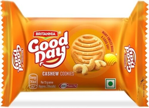 Britannia Good Day Cashew Cookies – 52.5g / 60g / 53g + 15g Extra = 68g (బరువు మారవచ్చు)
కాజూ ముక్కల రుచితో నిండిన, ప్రతి రోజు మజాగా అనిపించే టేస్టీ కుకీలు!