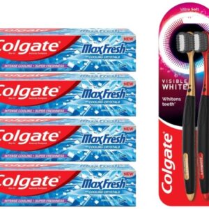 Colgate MaxFresh Breath Freshener Toothpaste, 600g (150g x 4), Peppermint Ice, Blue Gel Paste with Menthol, Cooling crystals for bad breath control & Colgate Visible White O2...