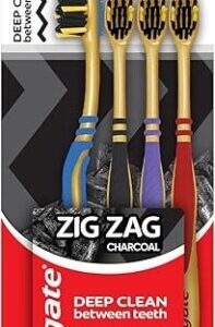 Colgate Zigzag Charcoal Medium Bristle Manual Toothbrush For Adult - 4 Pcs, Removes Germs In Between Teeth, Soft-Tongue Cleaner