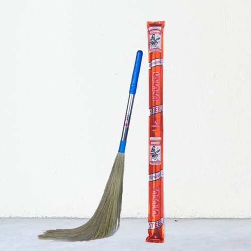 Monkey 555 International Steel Handle Broom – Durable Natural Grass Broom with Steel Rod
