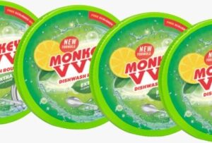 Monkey VVV Dishwash Round – 250g with Scrubber (Pack of 4) | Tough on Grease, Gentle on Hands