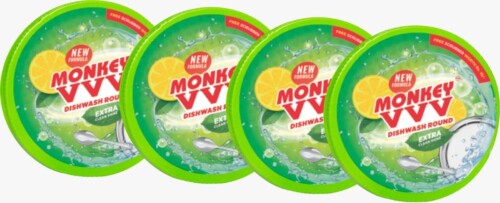 Monkey VVV Dishwash Round – 250g with Scrubber (Pack of 4) | Tough on Grease, Gentle on Hands