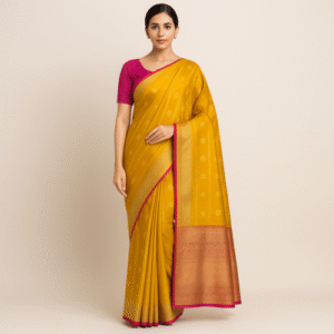 Mustard yellow Kanchipuram silk saree with copper zari border and contrasting pink blouse, displayed on a model in a high-quality studio image.