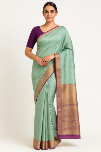 Pastel aqua blue Kanchipuram silk saree with copper-gold zari border, paired with a contrasting purple blouse. Elegant traditional Indian saree for festive and wedding wear. 👉 This alt text is descriptive, includes keywords like Kanchipuram silk saree, zari border, festive, wedding wear, and is perfect for e-commerce and SEO.