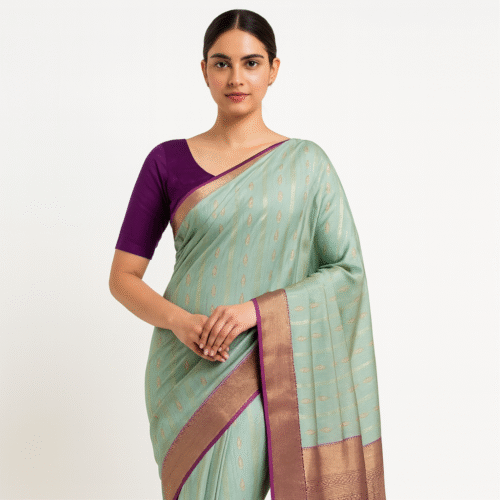 Pastel aqua blue Kanchipuram silk saree with copper-gold zari border, paired with a contrasting purple blouse. Elegant traditional Indian saree for festive and wedding wear. 👉 This alt text is descriptive, includes keywords like Kanchipuram silk saree, zari border, festive, wedding wear, and is perfect for e-commerce and SEO.