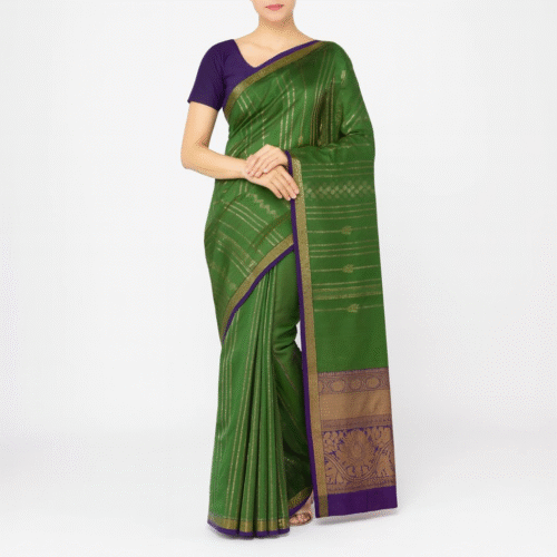 Royal Green Kanchipuram Silk Saree with Purple Zari Border - Image 2