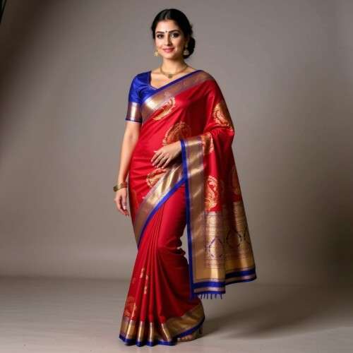 Crimson Red Kanchipuram Silk Saree with Royal Blue Zari Border