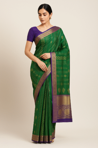 Royal Green Kanchipuram Silk Saree with Purple Zari Border - Image 3