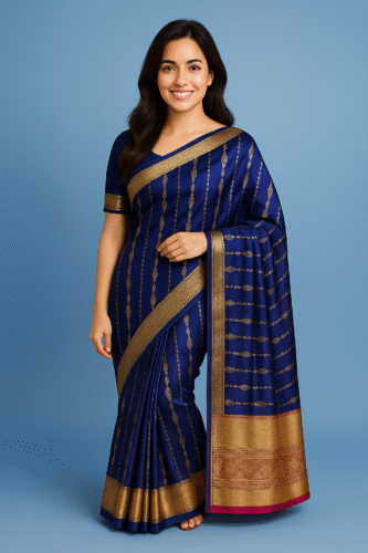 Royal Blue Kanchipuram Silk Saree with Golden Zari Border - Image 3