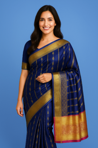 Royal Blue Kanchipuram Silk Saree with Golden Zari Border - Image 2