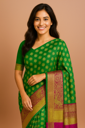 Emerald Green Kanchipuram Silk Saree with Golden Zari and Maroon Pallu - Image 2