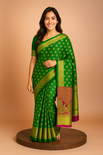 Emerald Green Kanchipuram Silk Saree with Golden Zari and Maroon Pallu - Image 3