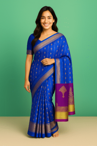 Royal Blue Kanchipuram Silk Saree with Magenta Pallu and Golden Zari - Image 2