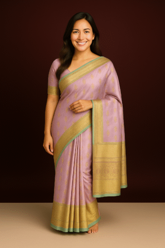 Soft Lilac Kanchipuram Silk Saree with Golden Zari and Mint Border - Image 2