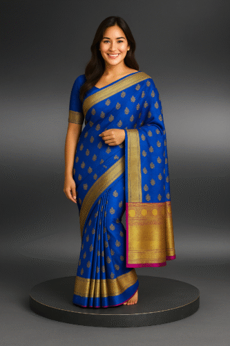 Majestic Royal Blue Kanchipuram Silk Saree with Golden Zari Weave - Image 2