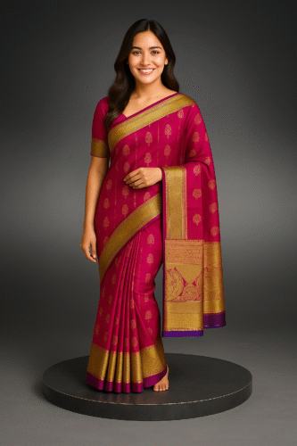 Magenta Pink Kanchipuram Silk Saree with Golden Zari Border - Image 2