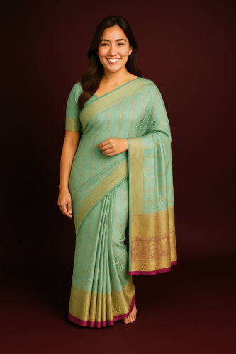 Pastel Mint Green Kanchipuram Silk Saree with Golden Zari Border - Image 2