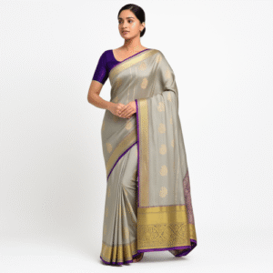 Elegant Silver Kanchipuram Silk Saree with Purple Zari Border