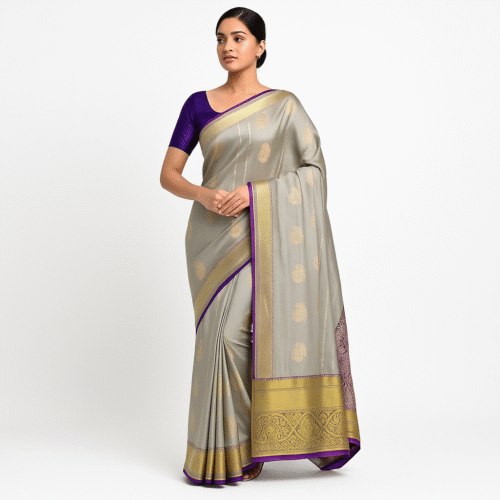 Elegant Silver Kanchipuram Silk Saree with Purple Zari Border