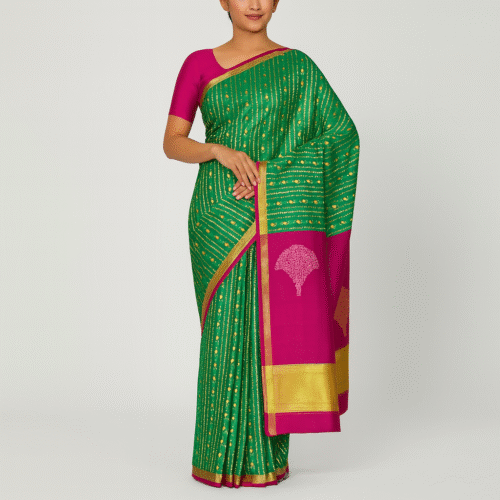 Vibrant Green Kanchipuram Silk Saree with Magenta Border - Image 3
