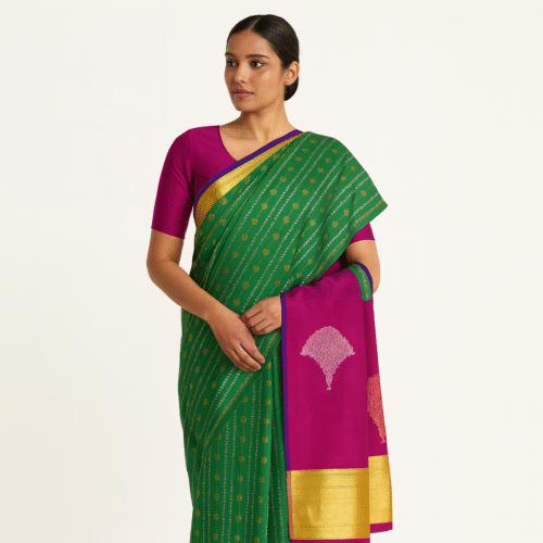 Vibrant Green Kanchipuram Silk Saree with Magenta Border