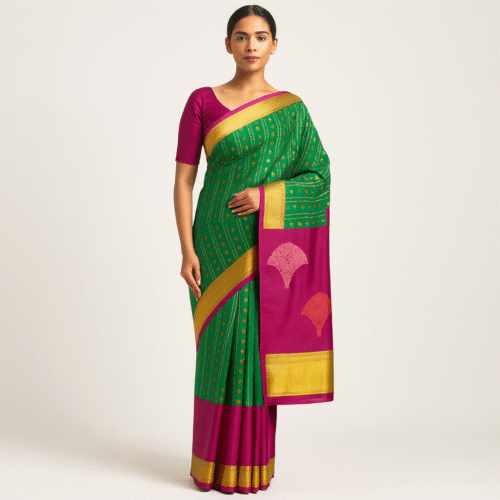 Vibrant Green Kanchipuram Silk Saree with Magenta Border - Image 2