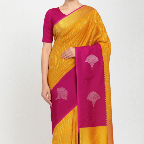 Radiant Mustard Kanchipuram Silk Saree with Magenta Border - Image 2