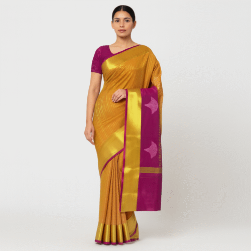 Radiant Mustard Kanchipuram Silk Saree with Magenta Border