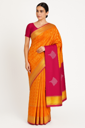 Golden Orange Kanchipuram Silk Saree with Magenta Border - Image 2