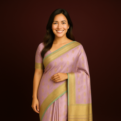 Soft Lilac Kanchipuram Silk Saree with Golden Zari and Mint Border