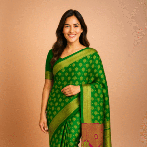 Emerald Green Kanchipuram Silk Saree with Golden Zari and Maroon Pallu