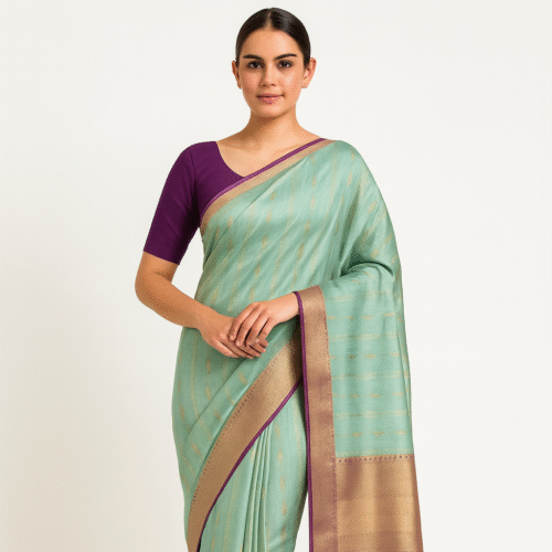 Pastel Aqua Kanchipuram Silk Saree with Copper Zari Border