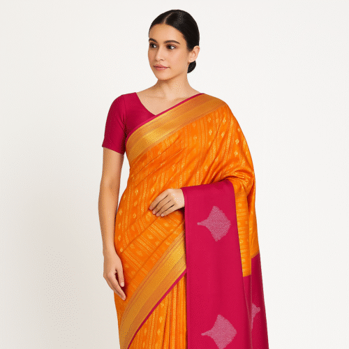 Golden Orange Kanchipuram Silk Saree with Magenta Border