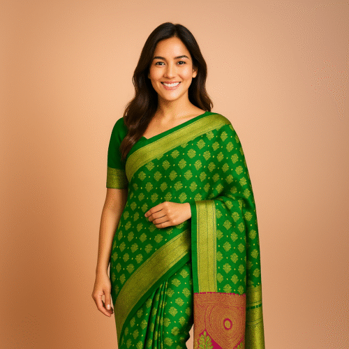 Emerald Green Kanchipuram Silk Saree with Golden Zari and Maroon Pallu