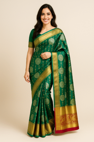 Emerald Green Kanchipuram Silk Saree with Golden Zari Border - Image 2