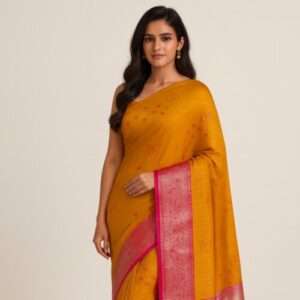 Mustard Yellow Woven Silk Saree with Pink Zari Border