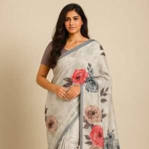 Elegant Soft Linen Floral Printed Saree with Blouse Piece – Grey & Multicolor Roses