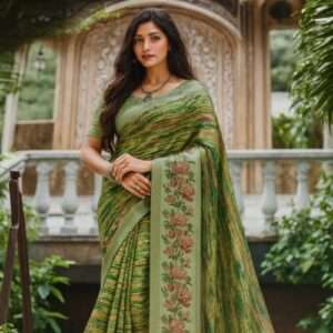 Premium Linen Blend Digital Floral Saree with Tassels – Green & Multicolor