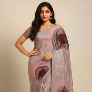 Elegant Soft Linen Digital Printed Saree with Blouse Piece – Pink & Maroon