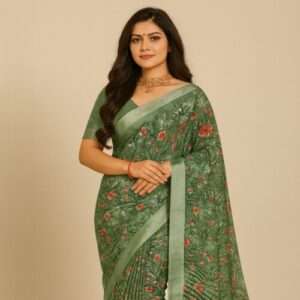 Soft Linen Blend Green Floral Printed Saree with Blouse Piece