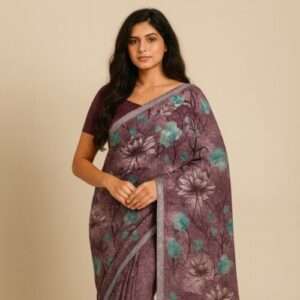 Premium Soft Linen Blend Purple Floral Printed Saree with Blouse Piece