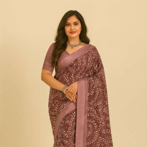 Elegant Maroon Leaf Print Soft Fabric Saree with Blouse Piece