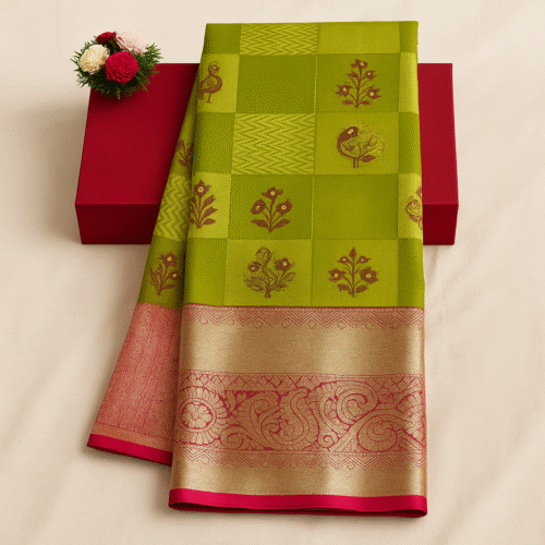 Olive Green Banarasi Silk Saree with Pink & Gold Zari Border - Image 2