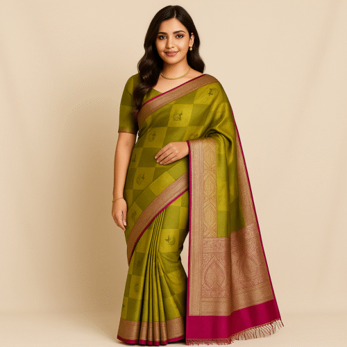 Olive Green Banarasi Silk Saree with Pink & Gold Zari Border